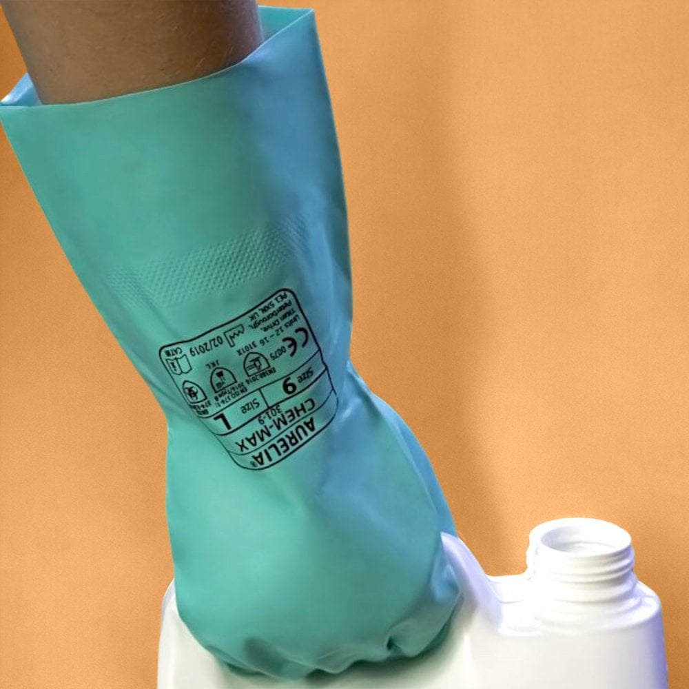 Chem Max - Green Flock lined Nitrile Chemical Gauntlet Glove