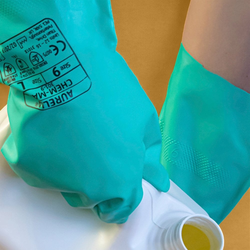 Chem Max - Green Flock lined Nitrile Chemical Gauntlet Glove