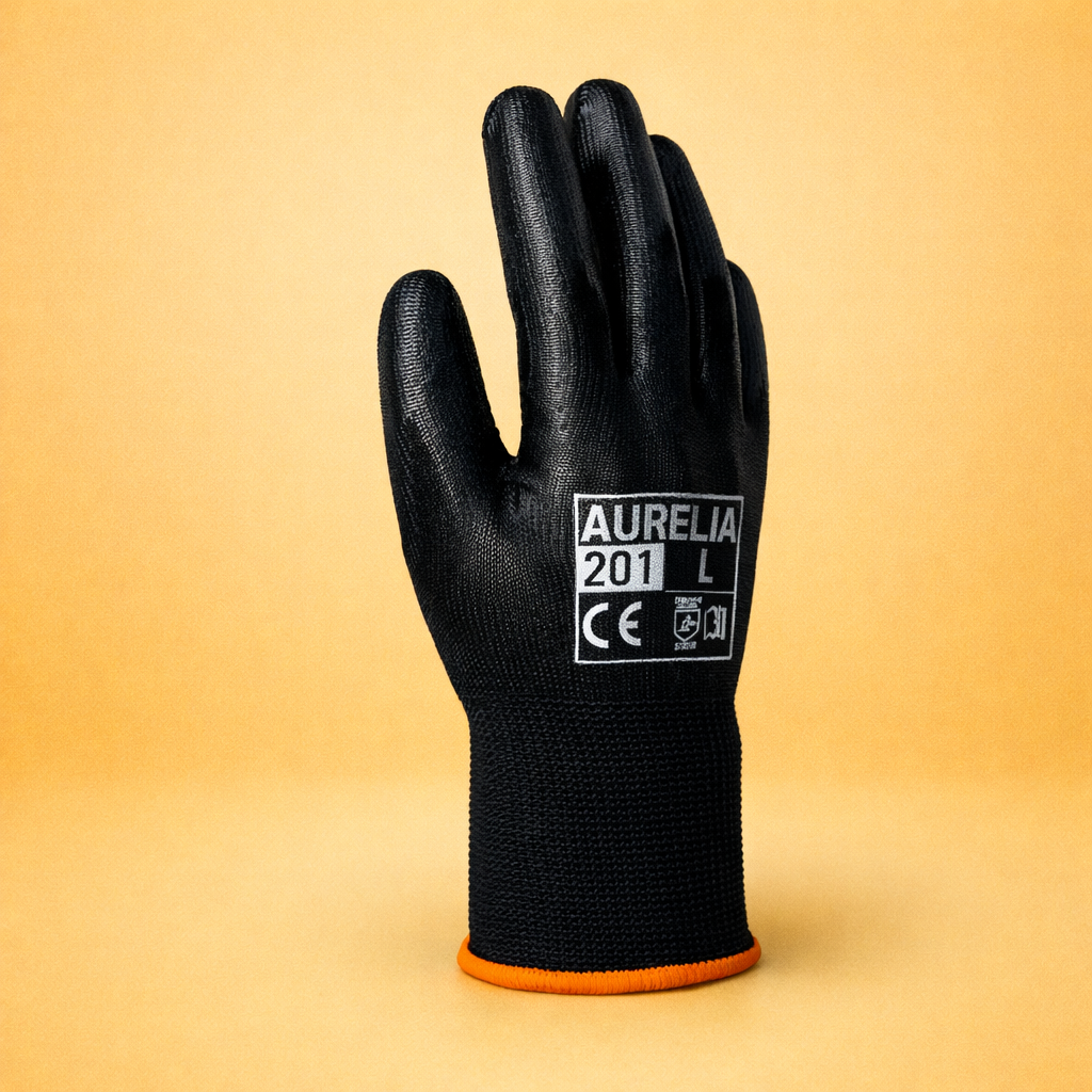 AURELIA 201 13gg Black Polyester Glove with a Black PU Coating