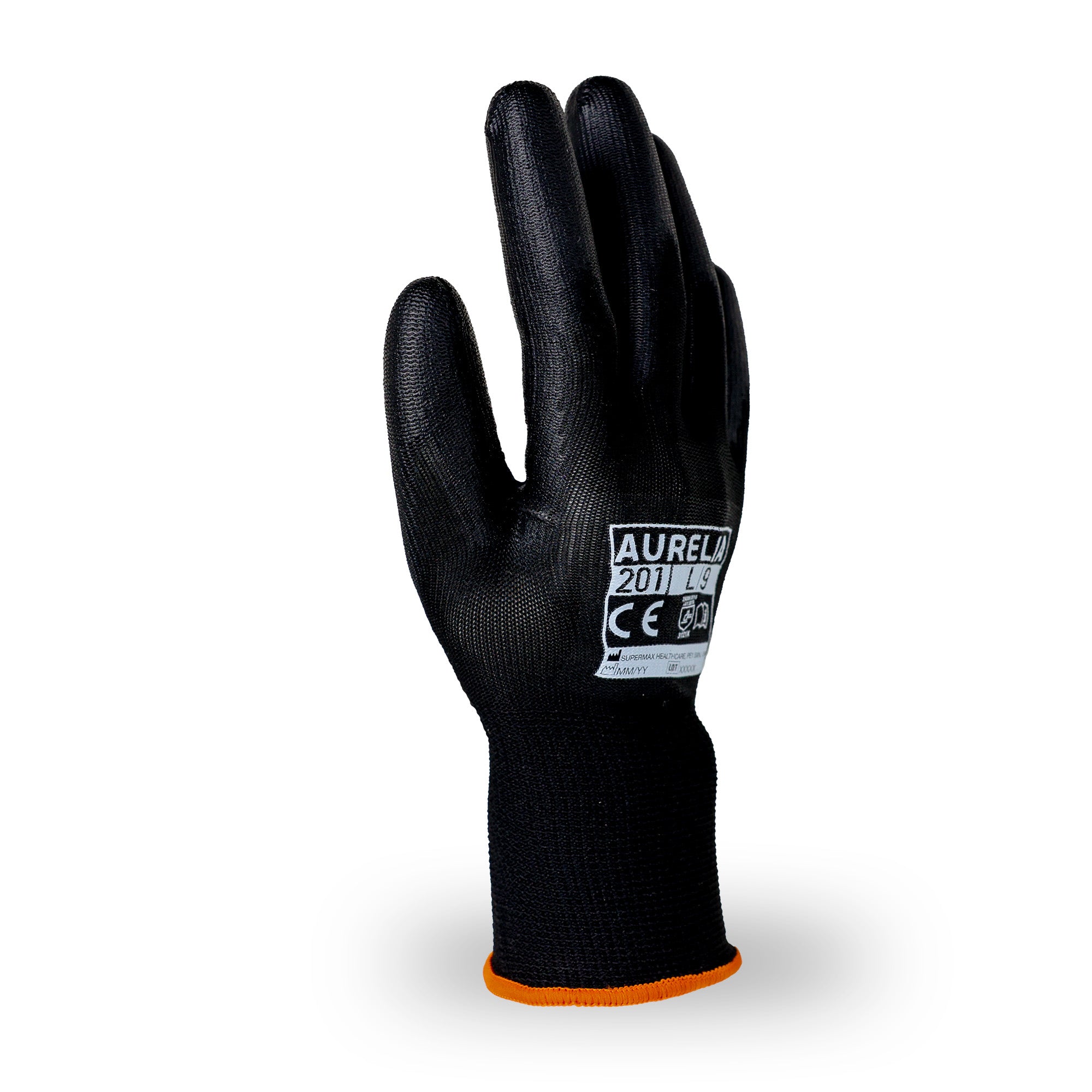 AURELIA 201 13gg Black Polyester Glove with a Black PU Coating