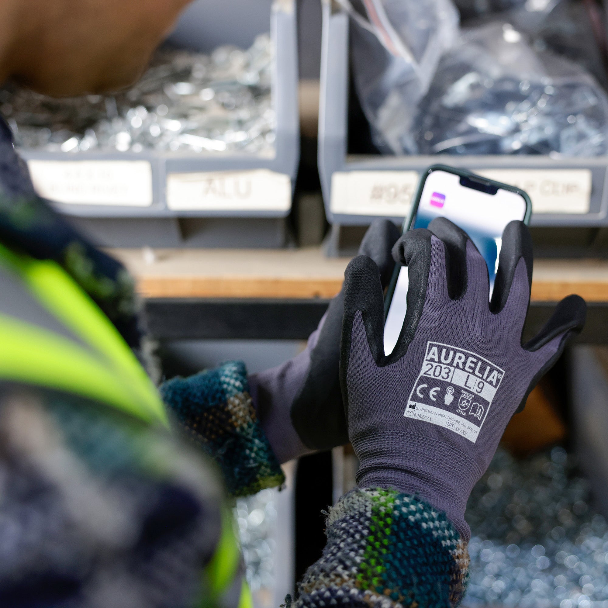 Aurelia 203 - Grey Nylon Spandex Glove with a Black Micro Foam Nitrile Coating