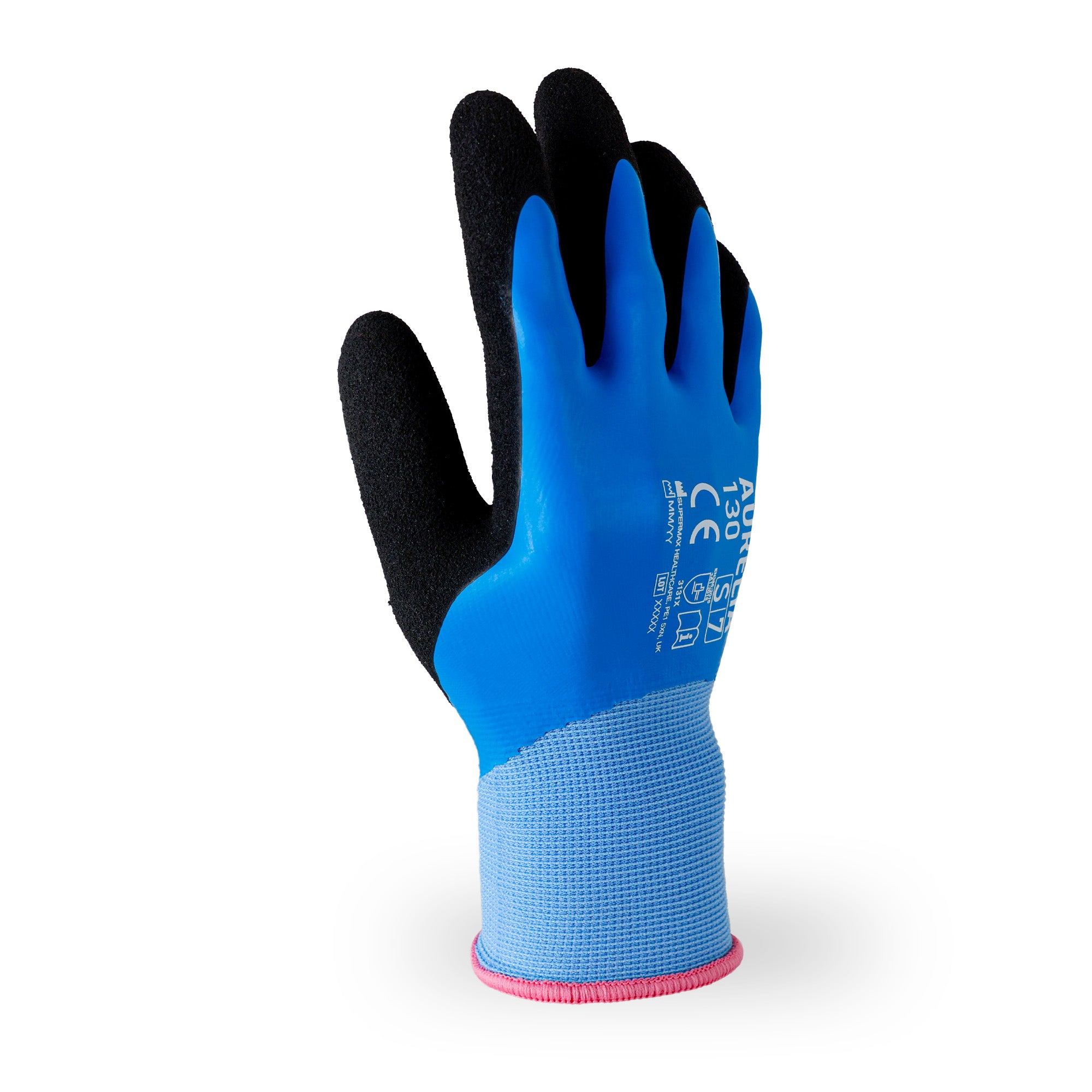 AURELIA 130 15gg Coated Latex Glove with a Black Sandy Latex Palm Coating
