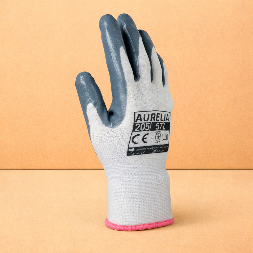 Aurelia 205 - 13gg Grey Nitrile Palm Coated Glove with a White Nylon Liner